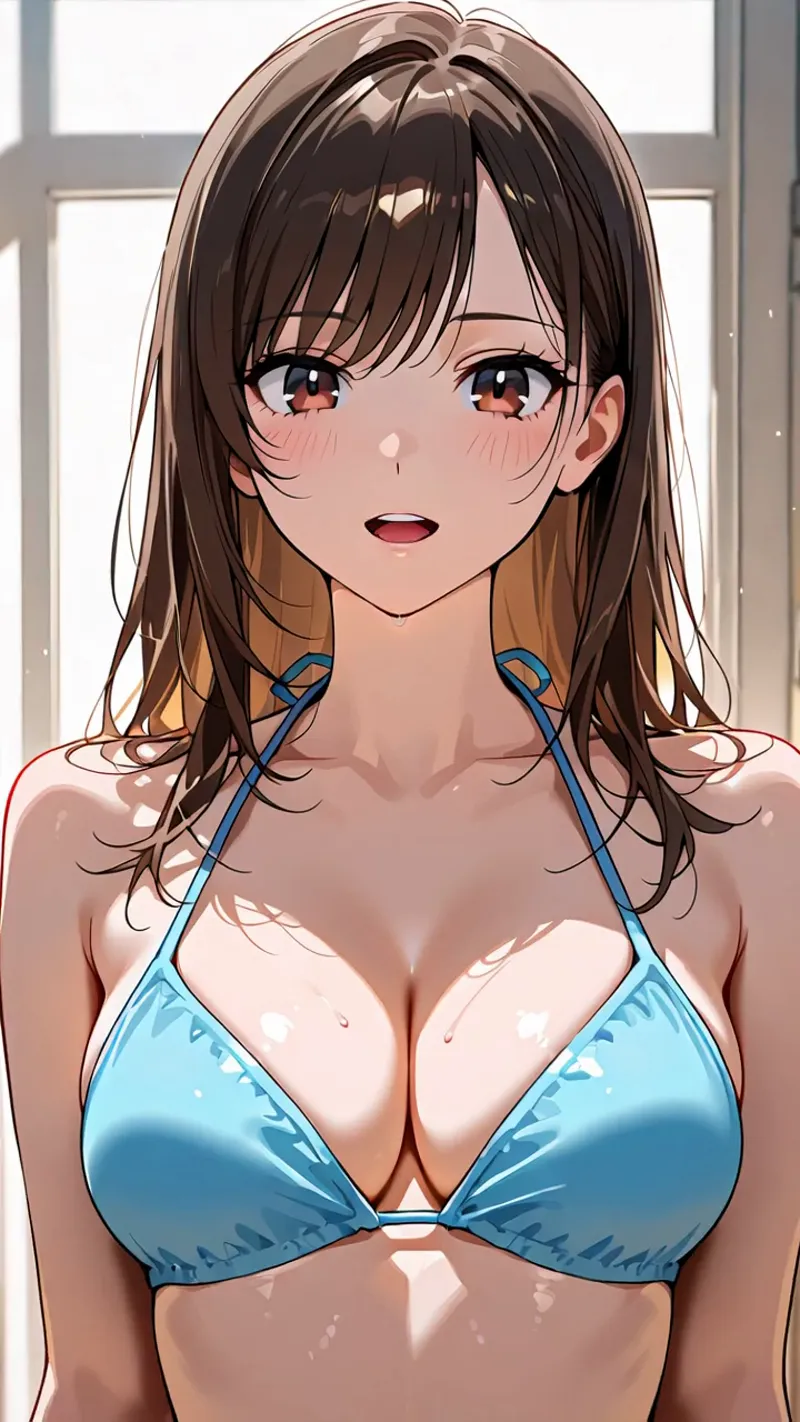 明るい窓からの採光を受ける室内で、茶色い長髪を優しく流した表情豊かな少女のポートレートです。濃紅色の瞳が印象的で、親しみやすい微笑みが特徴的なアニメ調イラストです。