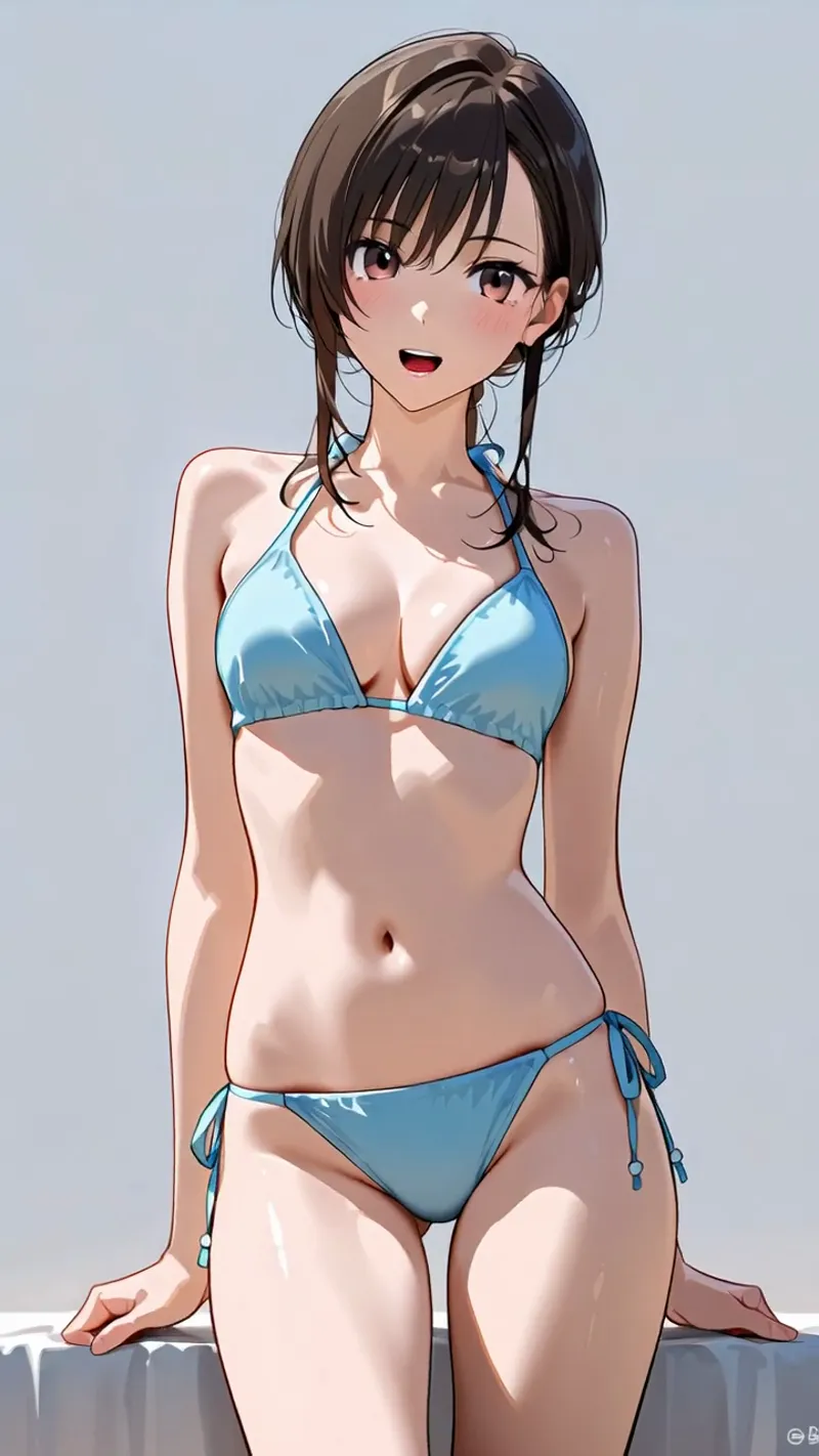 明るい表情で微笑む美少女のアニメ調イラストです。青いビキニ姿で、短めの黒髪にはサイドの編み込みが特徴的。柔らかな肌の質感とハイライトで立体感が表現されています。