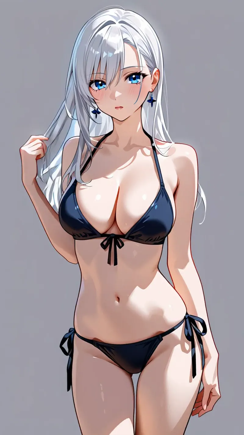銀色のロングヘアと鮮やかな青い瞳が印象的なアニメ調ポートレートです。黒い水着姿で、落ち着いた灰色の背景に映える爽やかな表情が魅力的なイラストになっています。