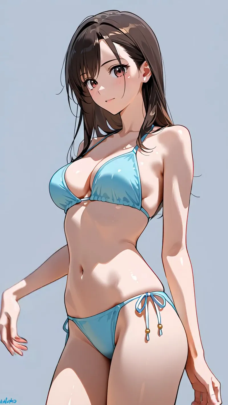 浅い青色のビキニを身に着けた茶髪の美少女が、柔らかな表情で斜め横向きのポーズを取るアニメ調イラスト。肌の質感と光の陰影が丁寧に描かれた、スタジオ背景の爽やかな作品です。