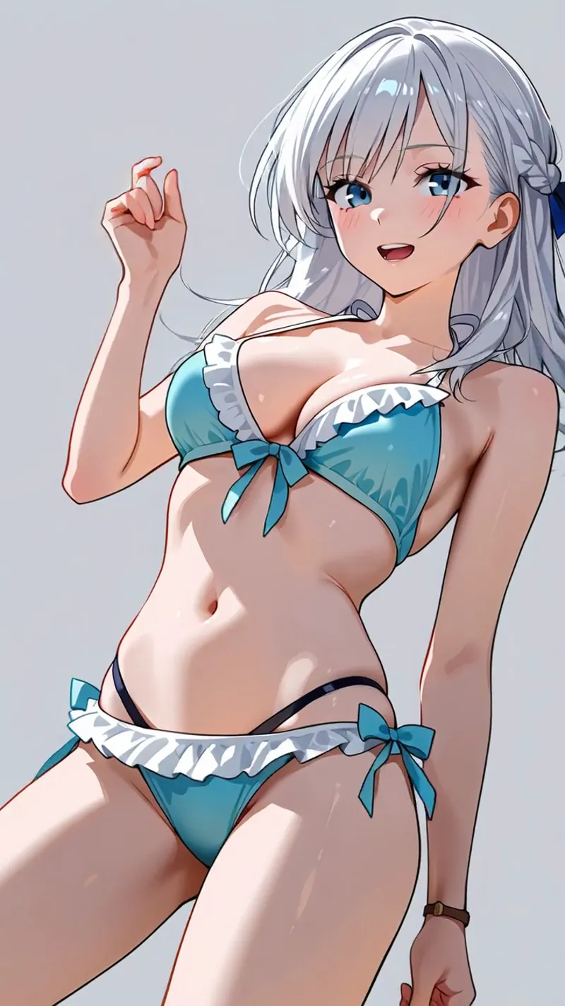 銀色のロングヘアと青い瞳が特徴的な少女のポートレートイラストです。紺色とホワイトのリボン装飾が施されたビキニを着用し、明るい表情で笑顔を浮かべています。柔らかなグラデーション背景が優しい雰囲気を演出しています。