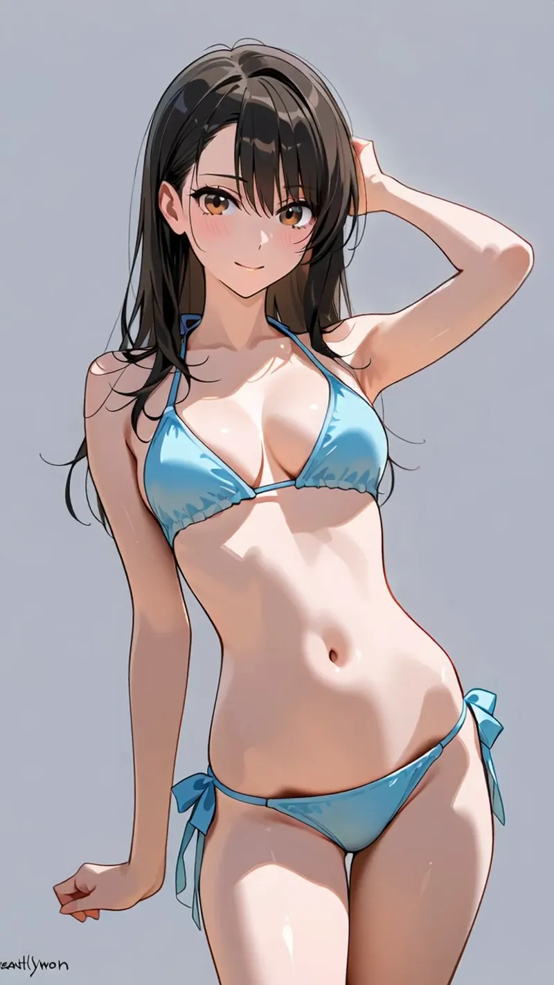 黒髪ロングの清楚な表情の少女が、青色のビキニを身につけグレー背景でくつろぐポートレートです。柔らかい陰影と光の表現で描かれた艶やかなアニメ調イラストになっています。