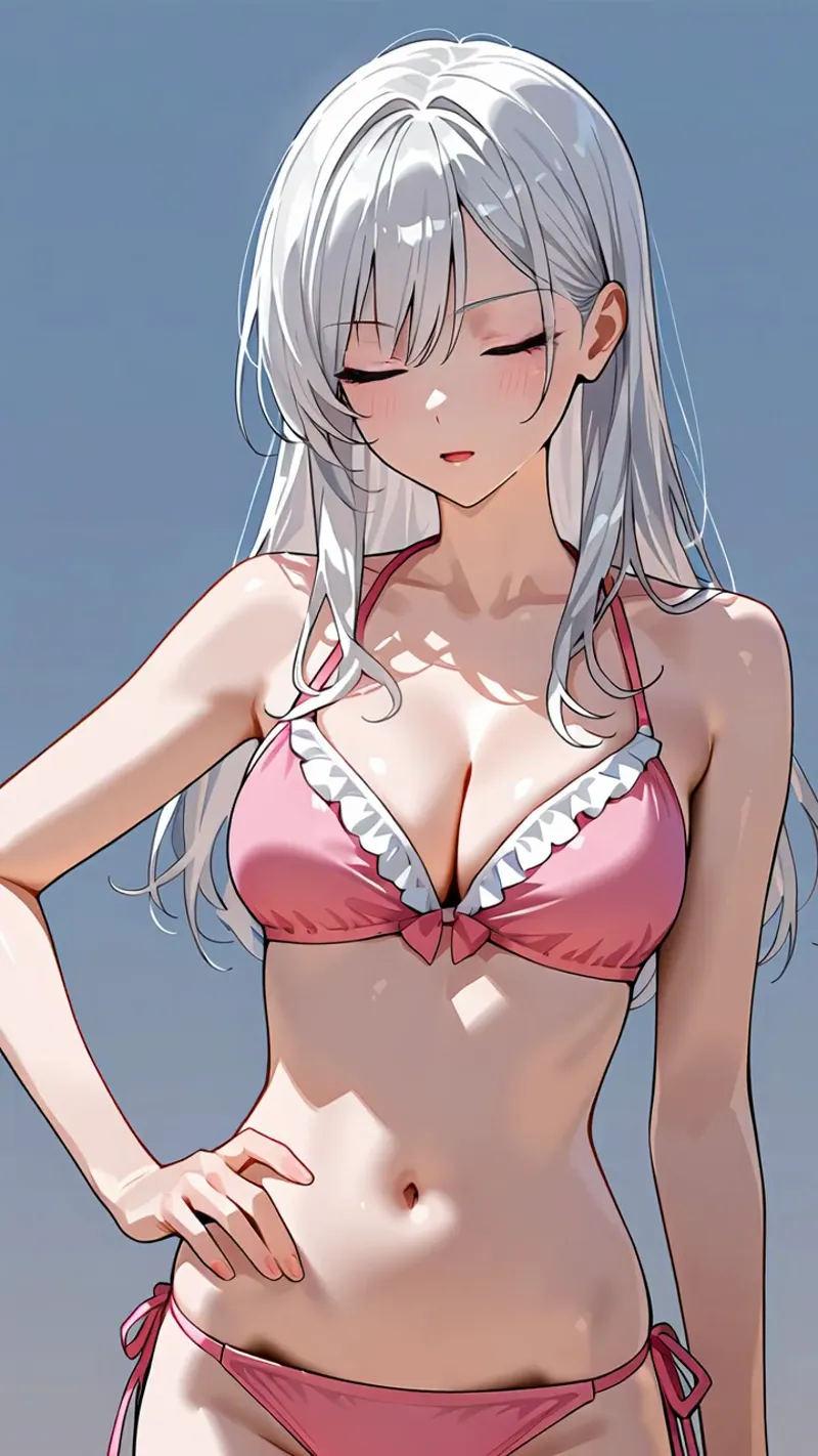 銀色のサラサラした長い髪と優雅な横顔が印象的なアニメ風イラストです。落ち着いた青系の背景に、ピンクと白のカラフルな衣装を纏った美少女が、静かな表情で描かれています。