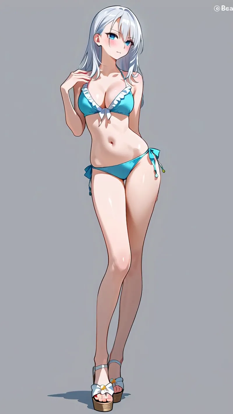 銀色の長髪に青い瞳が印象的な美少女が、ターコイズブルーのビキニを身に纏い、優雅なポーズで立つイラストです。落ち着いた灰色背景に映える清涼感あふれる表情が特徴です。
