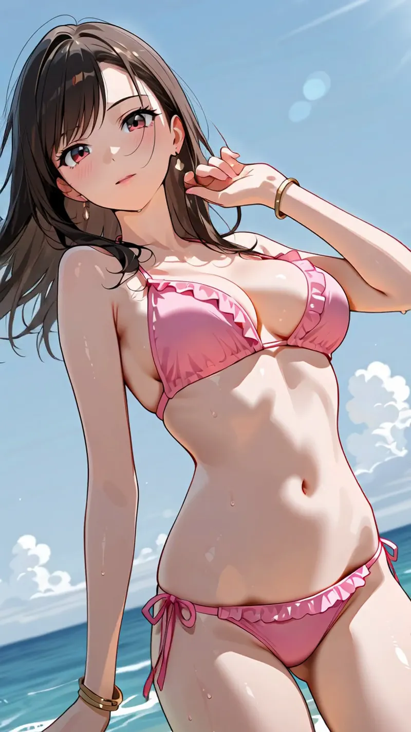 青い海と空を背景に、ピンクのフリル水着を着た長黒髪の少女が優雅に佇んでいます。柔らかい陽光の中で、髪をかきあげる仕草が魅力的なアニメ調イラストです。