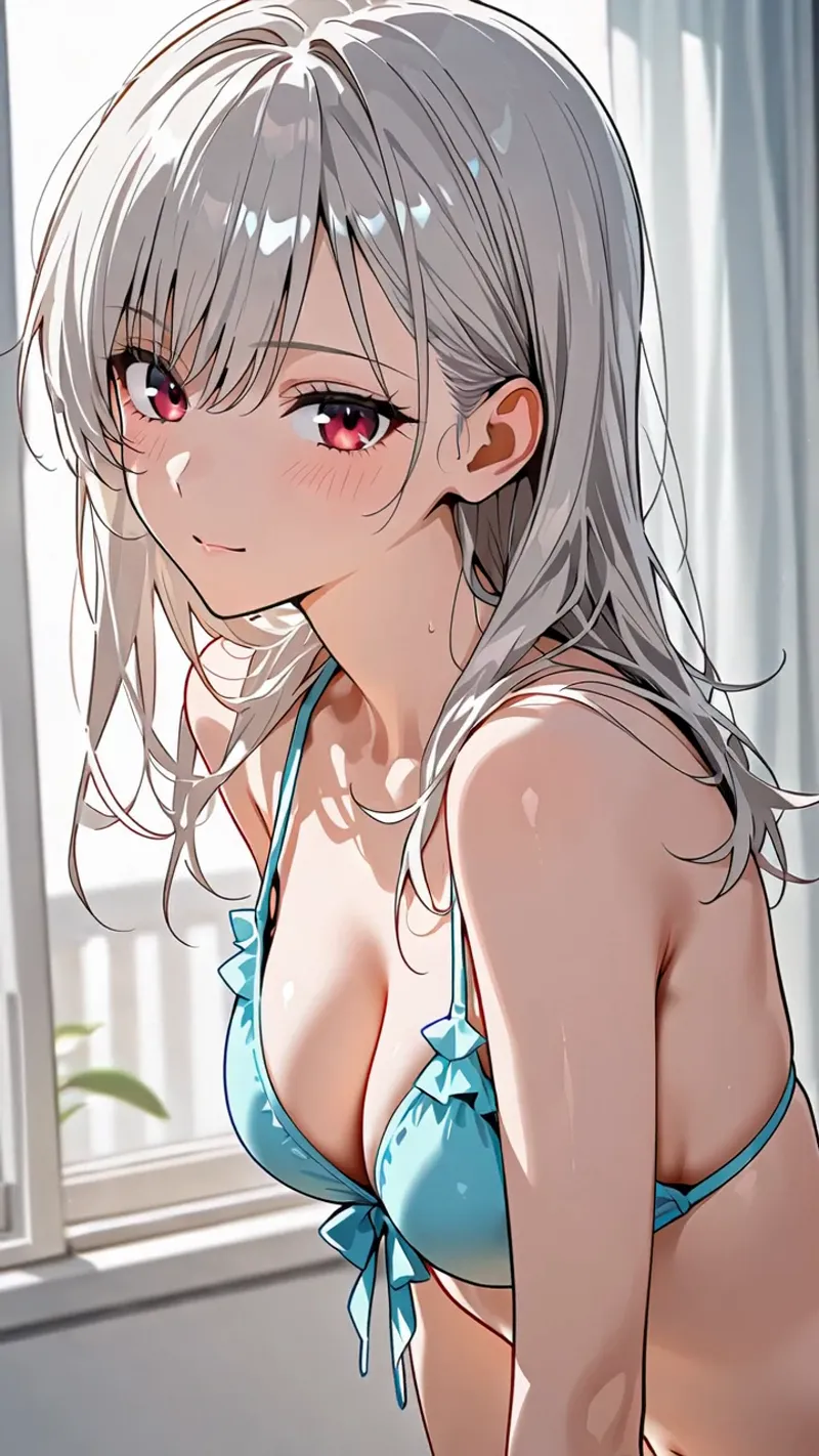 淡いグレーの長髪と赤紫色の瞳が印象的な美少女のアニメ調イラスト。白い室内に差し込む自然光の中で、柔らかな笑顔で振り返る姿が描かれています。