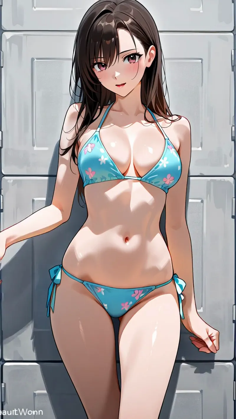 濃い茶髪と赤紫の瞳が印象的な美少女のアニメ調イラストです。淡いブルーの花柄ビキニを身につけ、モダンなタイル背景の前で穏やかな表情を浮かべています。光と影の表現が立体的で、洗練されたデジタルアート作品です。