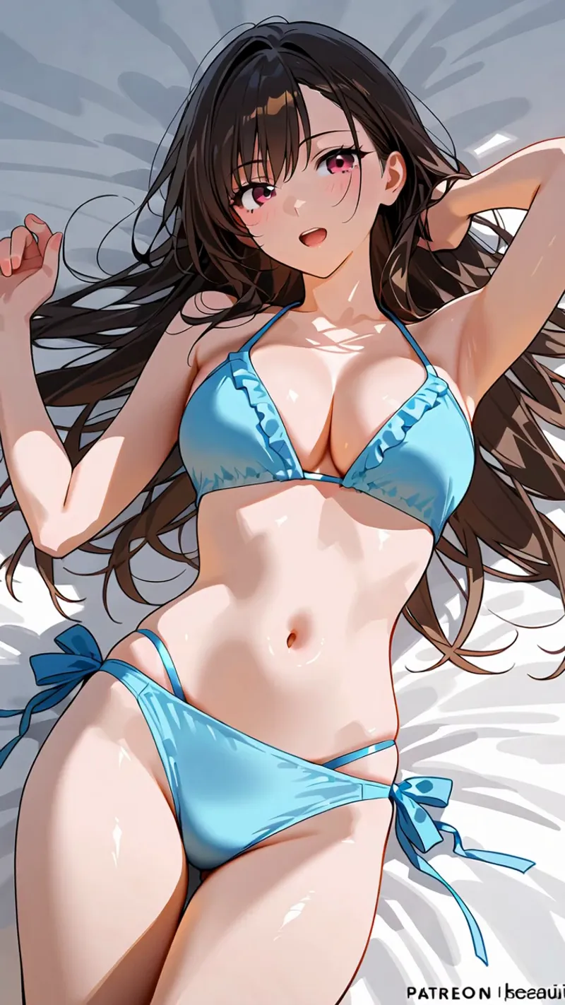 黒くて長い髪になびきのあるアニメ調の美少女が、爽やかな表情で微笑むポートレートイラストです。淡いグラデーション背景と柔らかな光の効果が印象的な作品。