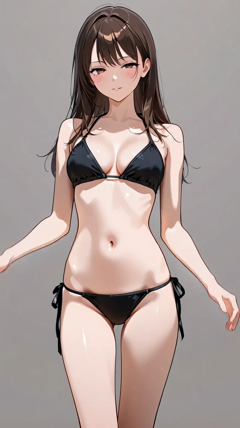 落ち着いた灰色背景に、黒髪ロングヘアと前髪が特徴的な美少女のポートレートイラストです。穏やかで知性的な表情と、スリムで端正な顔立ちが印象的な一枚です。