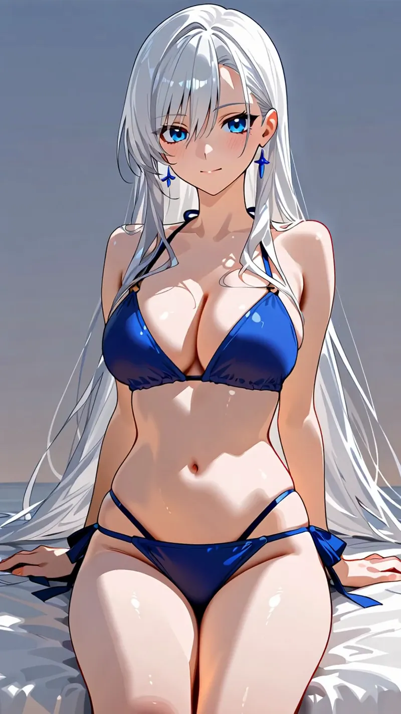 銀色に輝く長い白髪と鮮やかな青い瞳が印象的な美少女のアニメ調ポートレート。紫の光が流れる背景の中で、青色の水着姿で浜辺に座る優雅な佇まい。