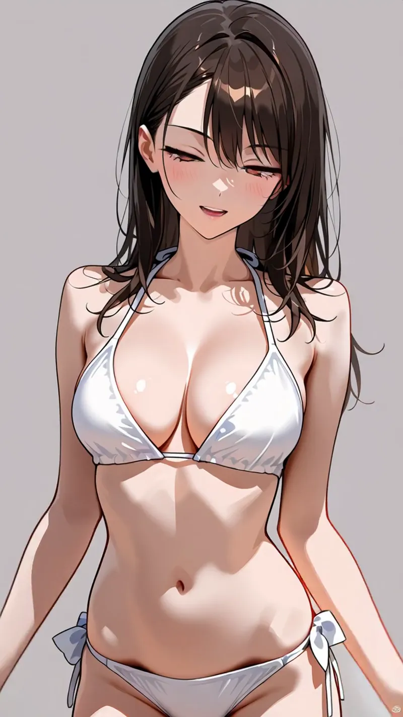 黒髪で目を細める表情の美少女が、白いビキニ姿で微笑んでいます。淡いグレーの背景に映える肌の質感と、光沢感のある描写が特徴的なアニメ調イラストです。
