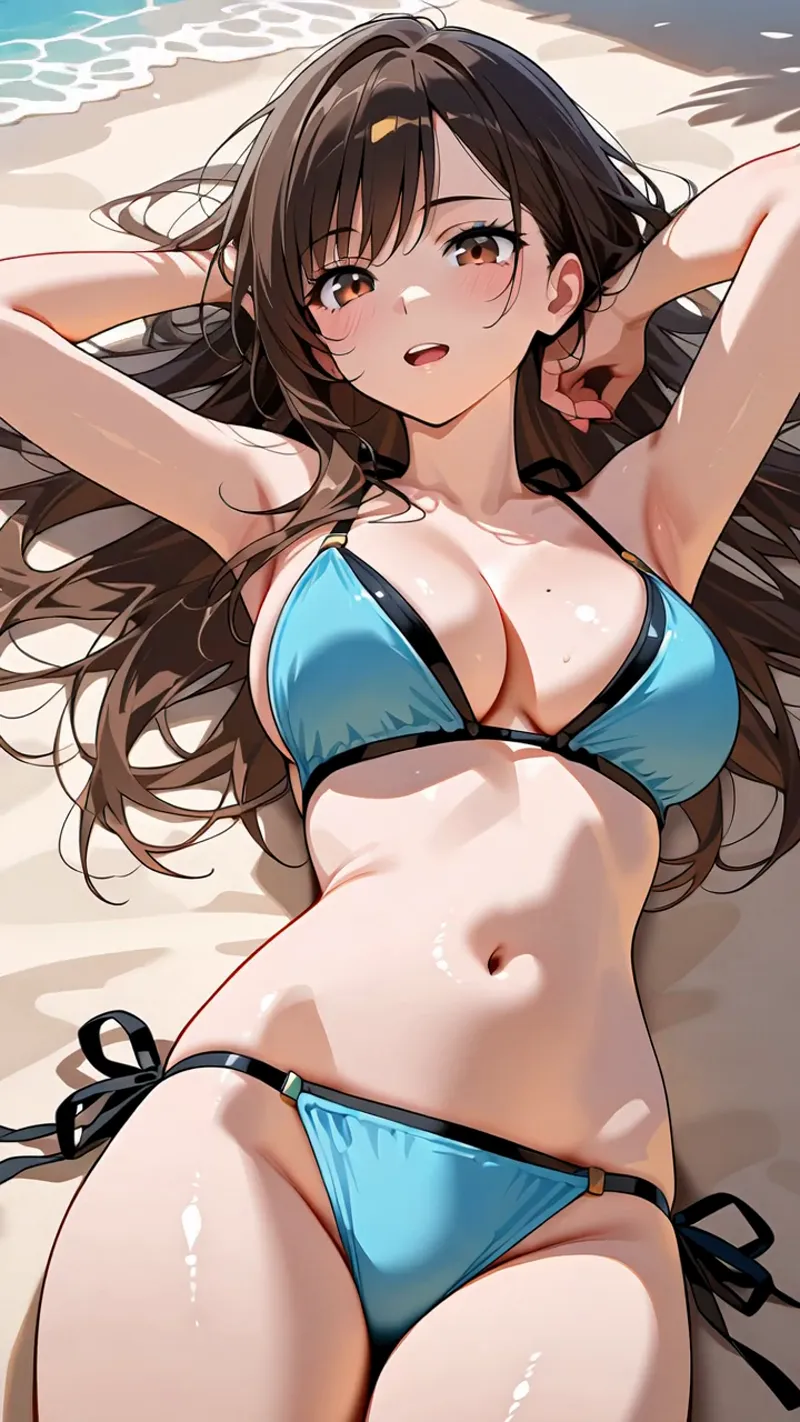 青いビキニを身につけた茶髪の少女が、砂浜でリラックスした表情を浮かべています。海辺の爽やかな背景と自然な光の中で、キャラクターの穏やかな仕草が印象的なAI生成イラスト。