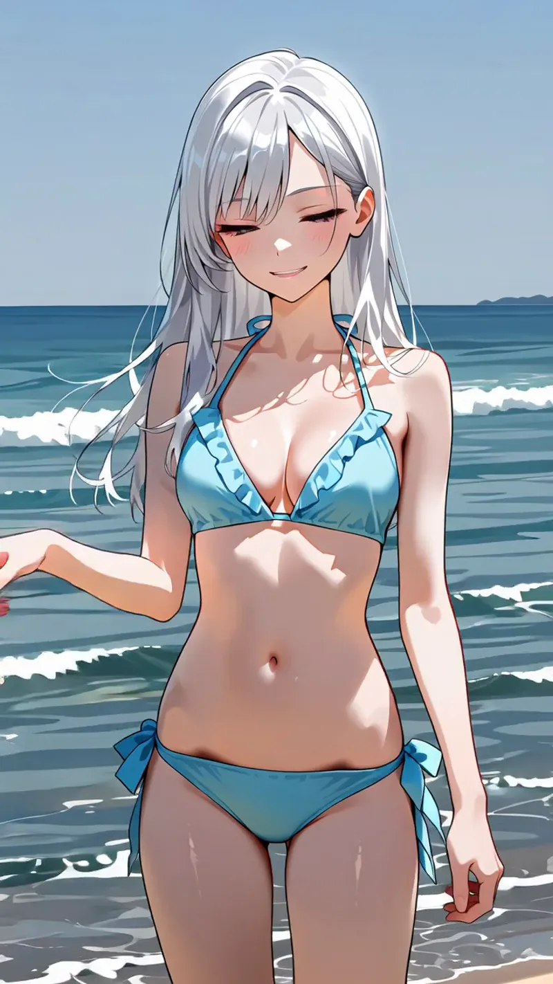 青い海を背景に、白髪をなびかせた美少女が優しく微笑んでいます。爽やかなブルーの水着姿で、波打ち際に立つ穏やかな表情が印象的なアニメ調イラストです。