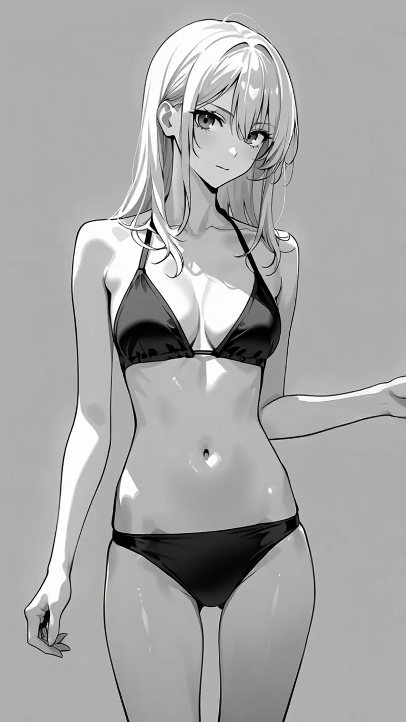 柔らかなグレートーンで描かれた、セミロング～ロングの明るい髪を持つ美少女のポートレート。黒のビキニスタイルの衣装で、穏やかな表情と優雅な立ち姿が特徴的なアニメ調イラストです。