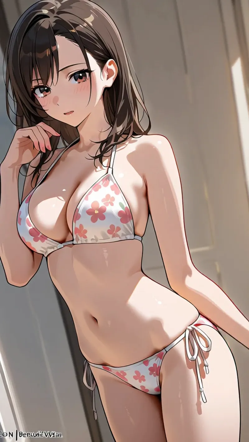 赤とピンクの花柄ビキニを身につけた少女のポートレート作品です。淡い肌色と濃い茶髪の対比が美しく、柔らかな日差しの中での自然な佇まいが印象的なアニメ調イラストです。