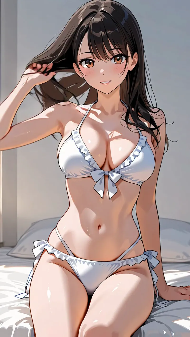 黒いロングヘアを優雅に手でまとめ、爽やかな笑顔を見せる美少女のアニメ調イラストです。白いリボン飾りの水着姿で、明るい室内背景に映える柔らかな色合いの作品。