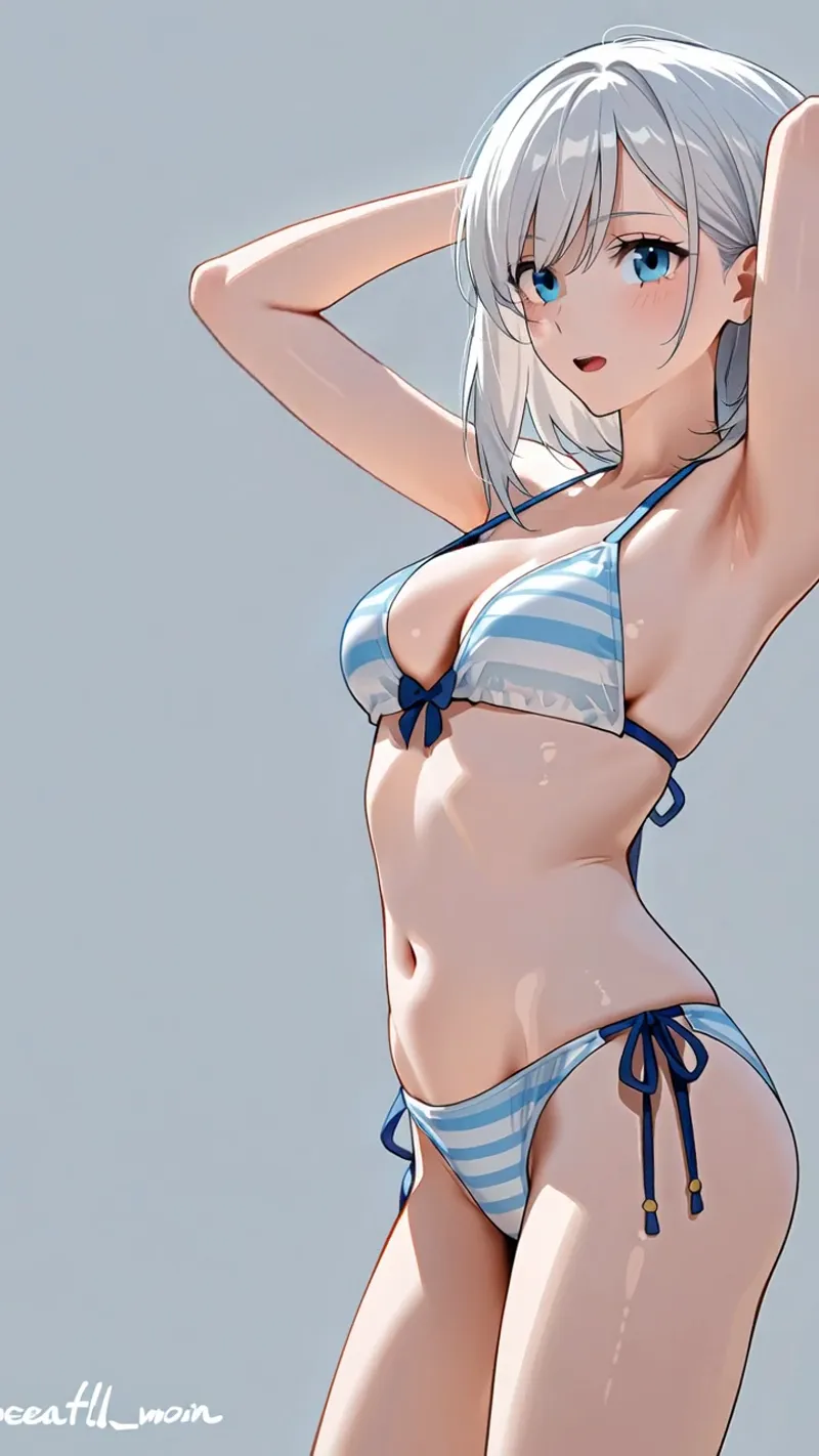 透き通るような青い瞳と銀白色の長髪が印象的な美少女を、爽やかな青と白のストライプ水着姿で描いたアニメ調ポートレートです。柔らかな肌の質感と光の表現が特徴的で、明るいグレーの背景に映える上品な一枚となっています。