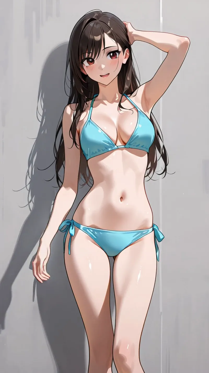 黒髪ロングの美少女がターコイズブルーのビキニを身に着け、白い背景の中で優雅に手を上げるポーズを取るアニメ調イラストです。光の当たり方で陰影がしっかり表現された全身ポートレートです。