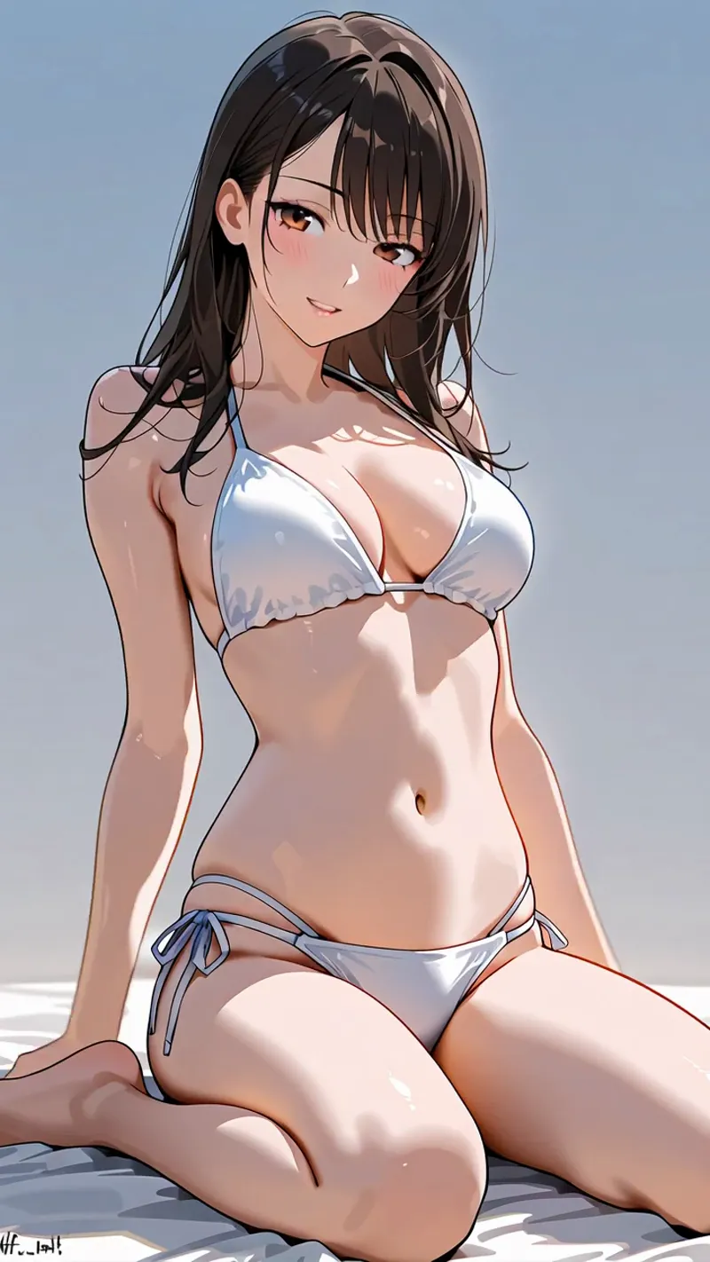 青空を背景に、黒髪のアニメ調美少女がビーチで微笑む夏のポートレートイラスト。柔らかな光が肌を照らし、爽やかな雰囲気が表現されています。
