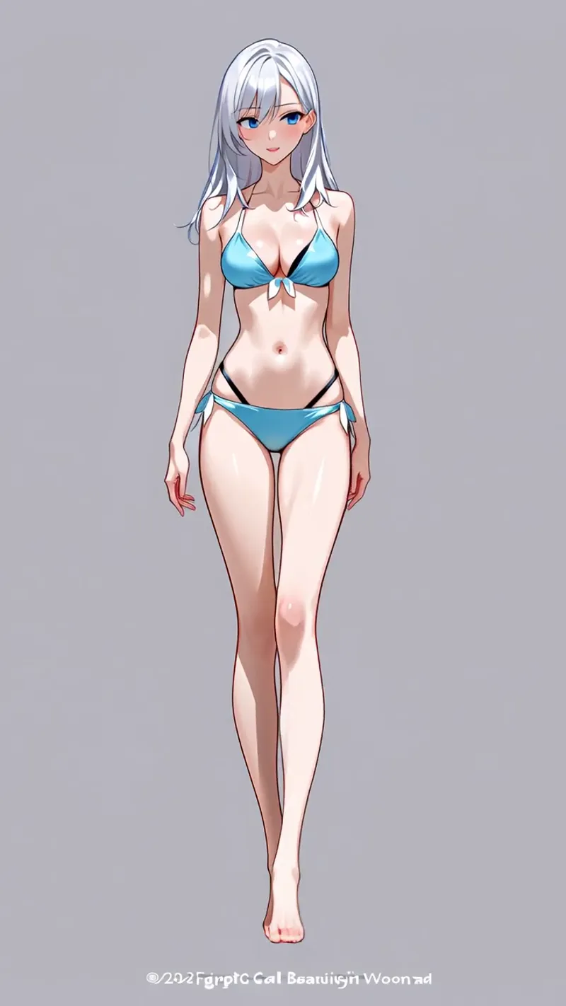 澄んだ青い瞳と銀色のロングヘアが印象的な、アニメ調の美少女イラストです。ターコイズブルーのビキニ姿で落ち着いた灰色の背景の中、優雅に立つ姿が描かれています。