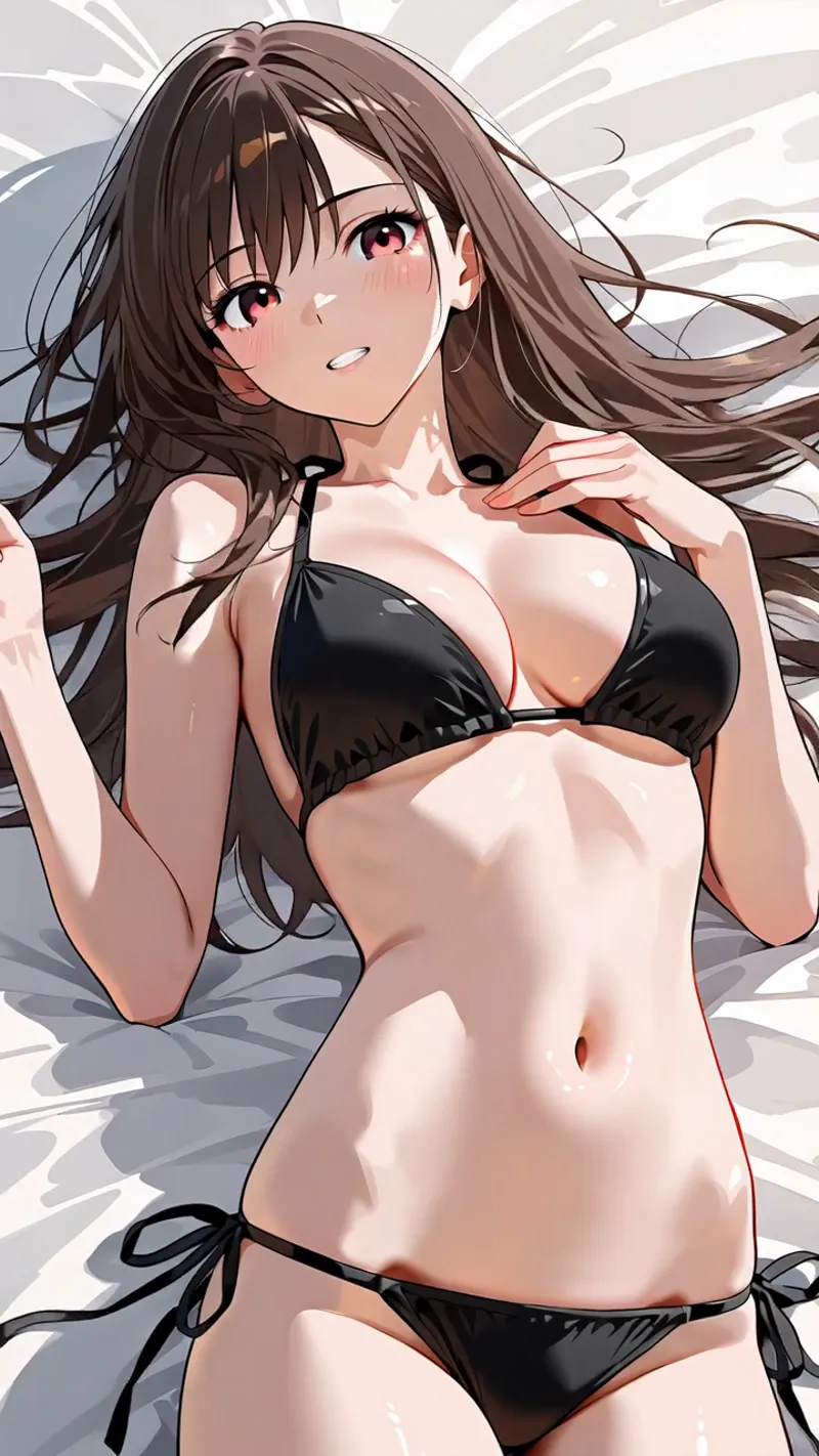 濃い茶色の長髪がなびく中、ピンク色の瞳で上を見つめる表情豊かなポートレート。黒いビキニを身につけた女性が、柔らかいグラデーション背景の中で優雅に佇むアニメ調イラストです。