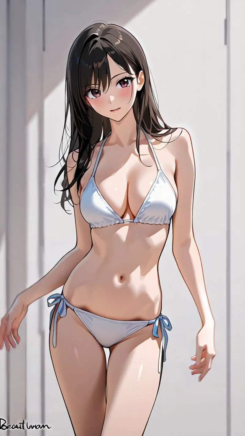 黒い長髪で薄紅色の瞳、透明感のある肌が印象的な女性のアニメ調ポートレートです。白と青のビキニをまとい、明るいスタジオ背景で自然な表情で佇む姿が描かれています。