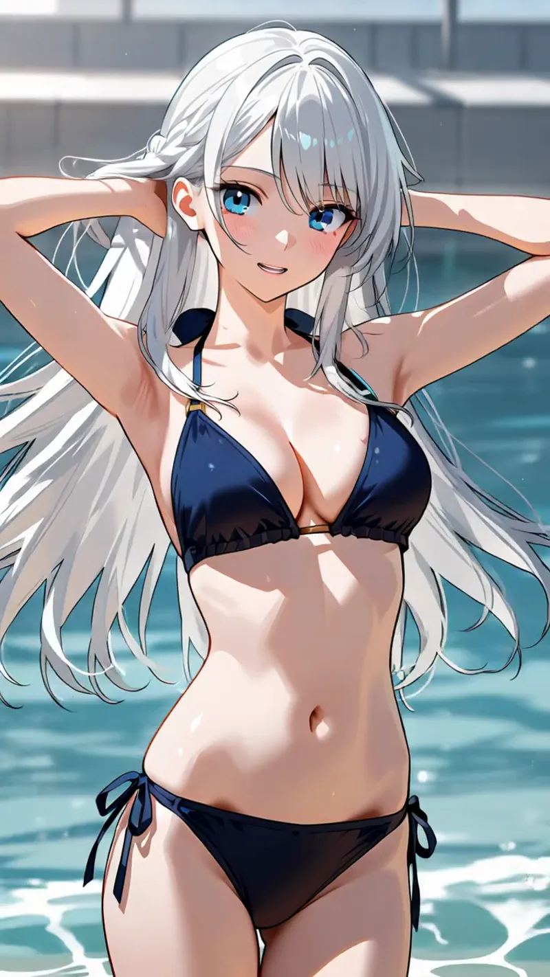 透き通るような白髪と青い瞳を持つアニメ調の美少女が、海を背景にリラックスした表情を浮かべています。紺色のビキニを着用し、爽やかな海辺の雰囲気の中で優雅な姿勢を見せるイラスト作品です。