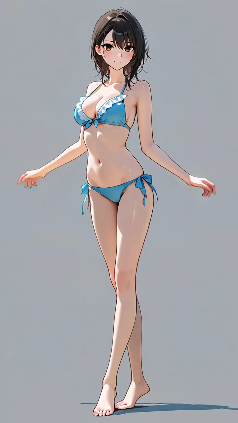 黒髪ショートヘアの清楚な表情が印象的な全身ポートレートイラストです。青と白のカラーリングが爽やかな水着姿で、グレーの背景に浮かぶような構図で描かれています。