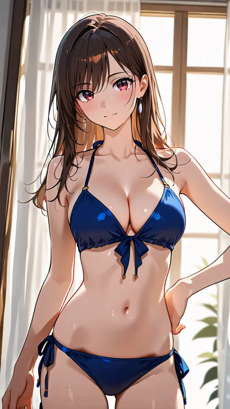 柔らかな日差しが降り注ぐ室内で、紅色の瞳が印象的な美少女が佇む。黒髪のロングヘアと優雅な横顔、紺色の水着姿で、背景に大きな窓と白いカーテンが映り込むアニメ調イラストです。