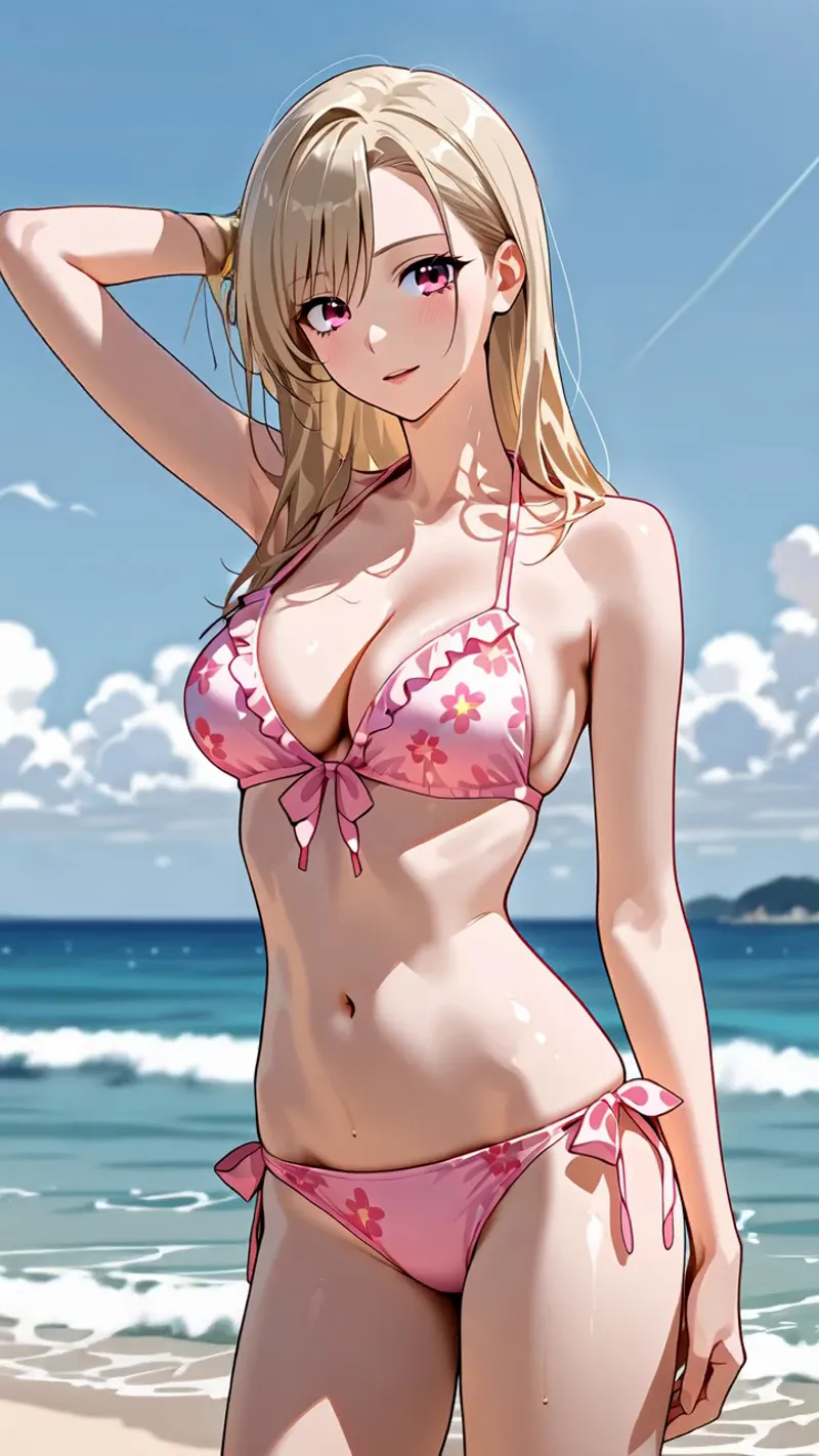 青い海と空を背景に、金髪をなびかせながら優雅に立つ女性のアニメ調ポートレートです。ピンク色の花柄水着と穏やかな表情が、夏の爽やかさを引き出しています。