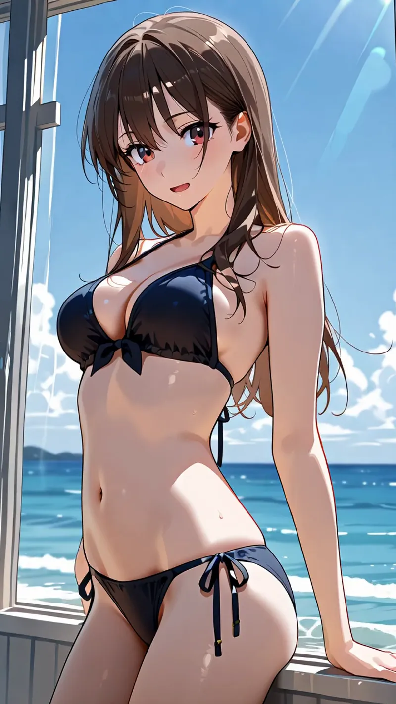 窓辺に佇む茶髪の女性が、真っ青な海と空を背景に微笑む。黒いリボン飾りのビキニ姿で、爽やかな昼光の中、優雅で開放的な雰囲気を醸し出しています。