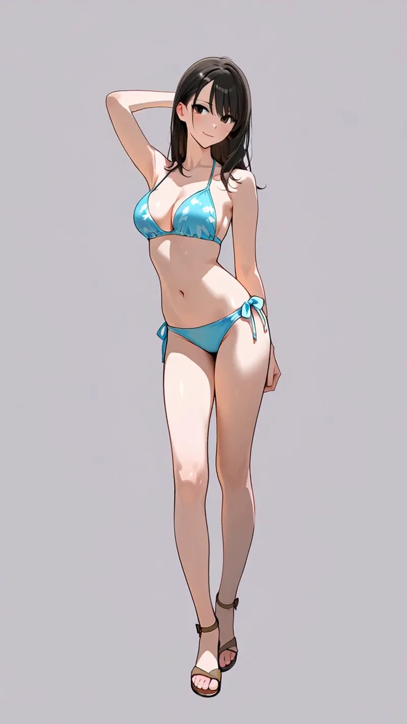 黒髪ロングの美少女がターコイズブルーのビキニ姿で、優雅に腕を上げたポーズを見せるアニメ調イラストです。柔らかいグラデーション背景と洗練された描線で、夏らしい爽やかな雰囲気が表現されています。