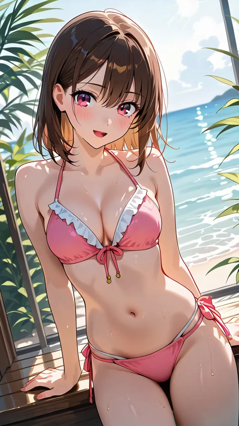 青い海と椰子の葉に囲まれたビーチシーンで、ピンク色のビキニを身につけた茶髪の少女が楽しげな表情で佇んでいます。爽やかな日差しと波の輝きが印象的なアニメ調イラストです。