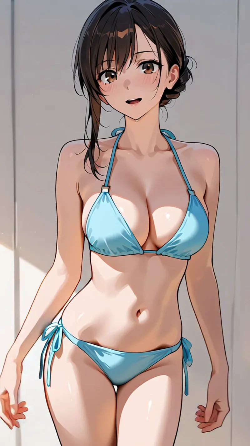 黒髪をまとめた清楚な表情の美少女が、爽やかな青色のビキニを身に纏い、明るい室内で微笑む姿を描いたアニメ調イラストです。