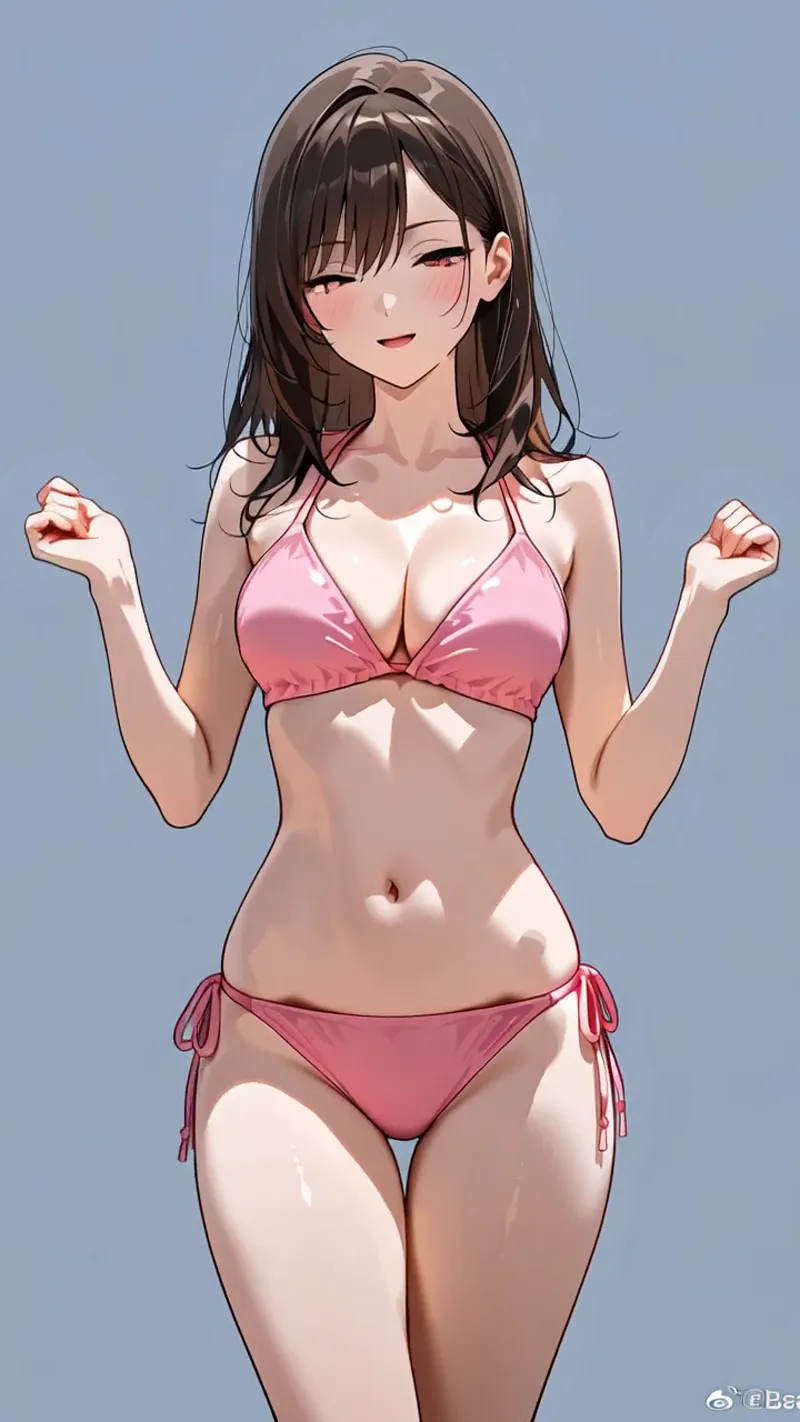 こぼれるような笑顔と柔らかな表情が魅力的な、ピンク色の水着姿のアニメ調イラストです。黒髪のセミロングヘアと淡い青い背景が、爽やかで清潔感のある雰囲気を演出しています。