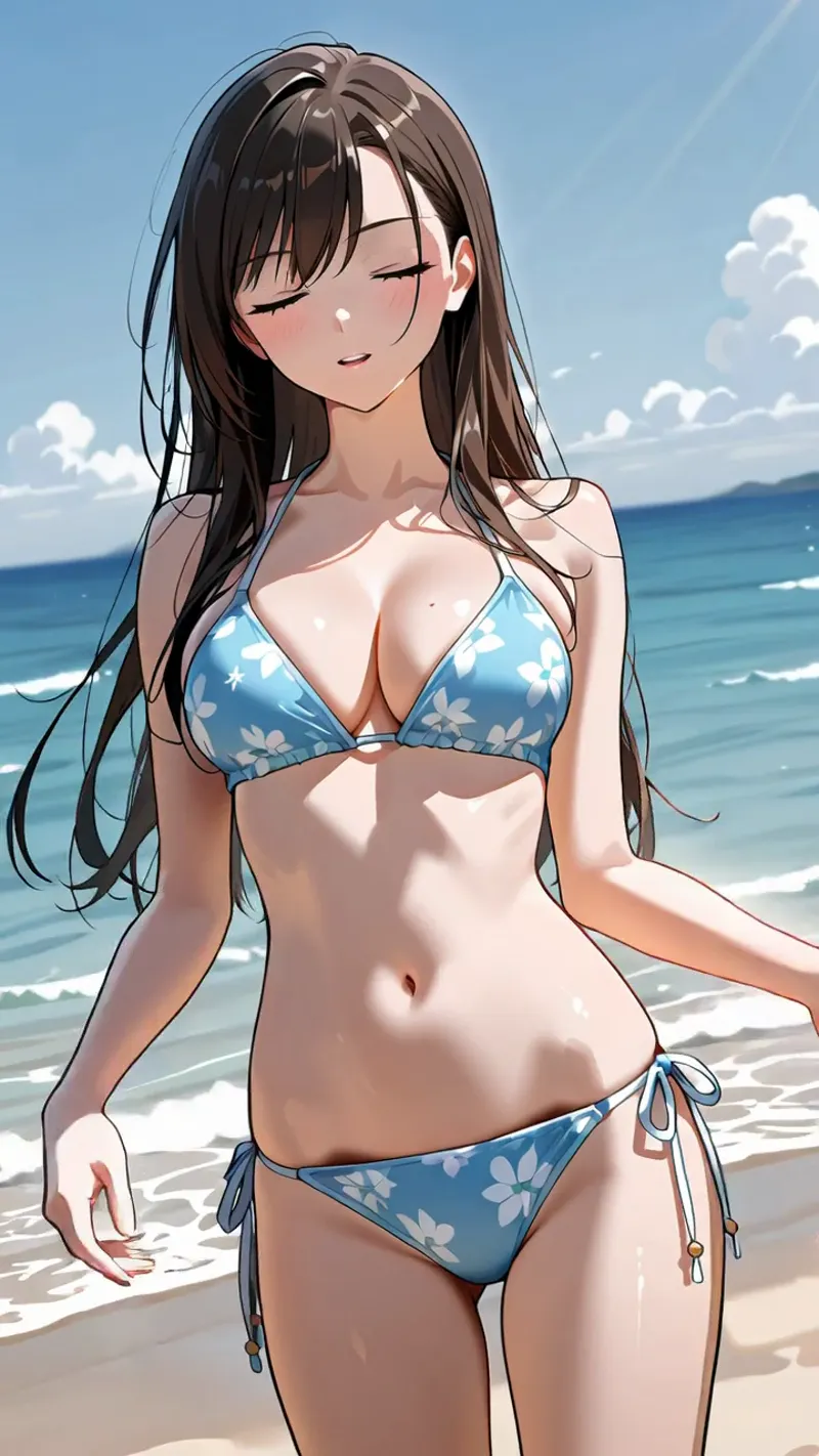 青い花柄が爽やかなビキニを身に着けた美少女が、晴れた海辺で穏やかな表情を浮かべています。広大な海と白い雲を背景に、自然光が肌を優しく照らす夏の一シーンです。