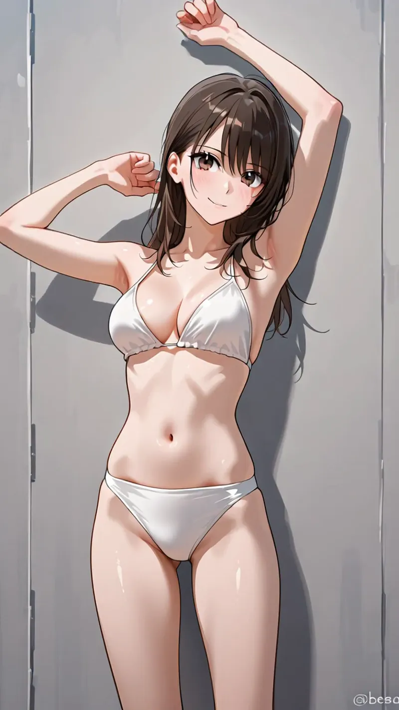 グレーの壁を背景に、白いビキニを身につけた黒髪ショートボブの少女がリラックスした表情で両腕を上げ伸びをしている。柔らかい光と影の効果で立体感のあるアニメ調イラストです。