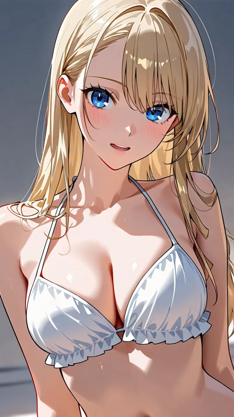 澄んだ青い瞳と柔らかな金髪が印象的なアニメ調の美少女イラストです。優しい表情と白を基調とした衣装が、清潔感あふれる雰囲気を演出しています。