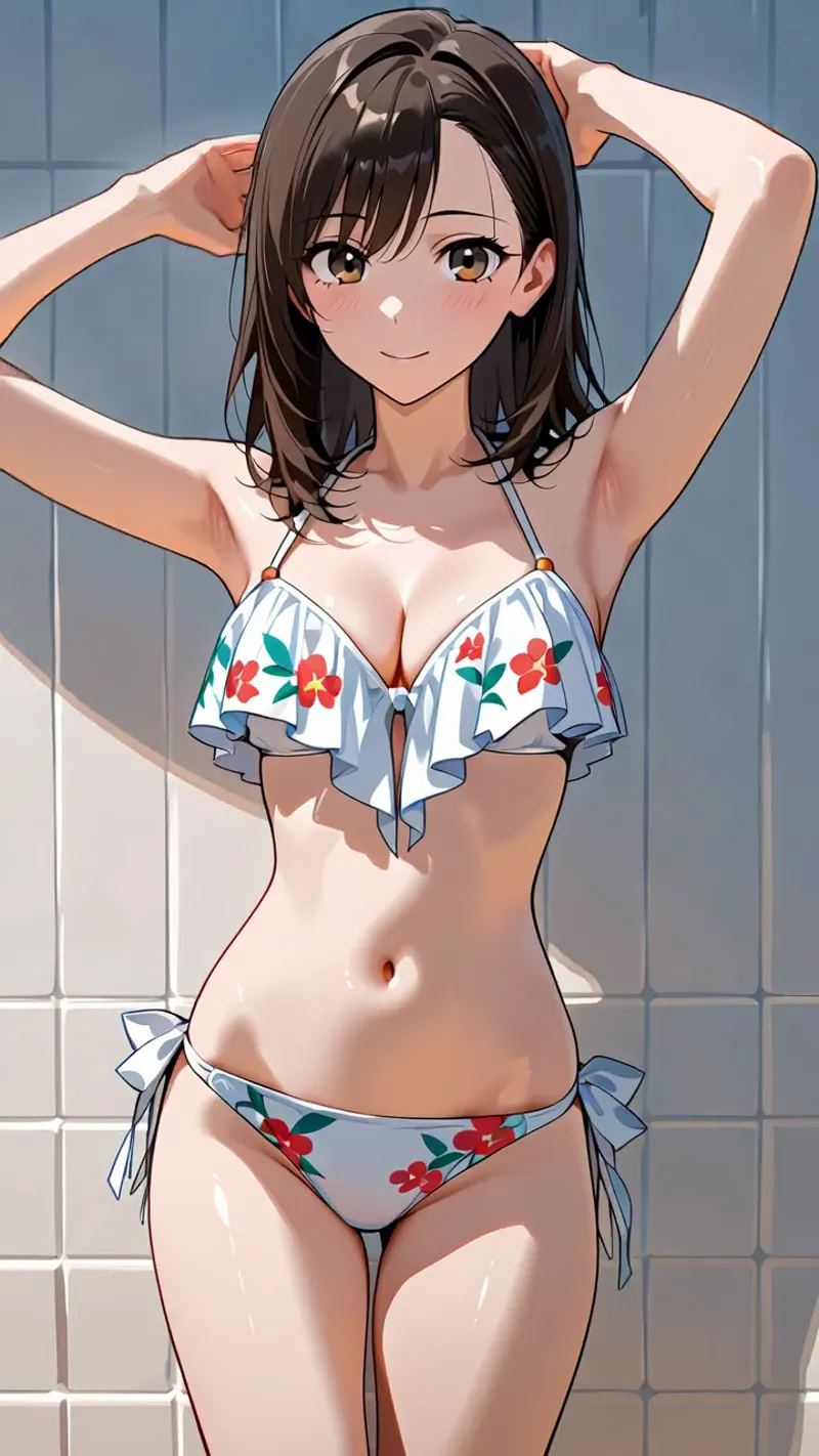 赤と緑の花柄が入った白いビキニを身につけた黒髪ショートヘアの女性が、両手を髪に当てた優雅なポーズで微笑んでいます。爽やかな青いタイル背景とやさしい陰影が、アニメ調イラストの魅力を引き出しています。