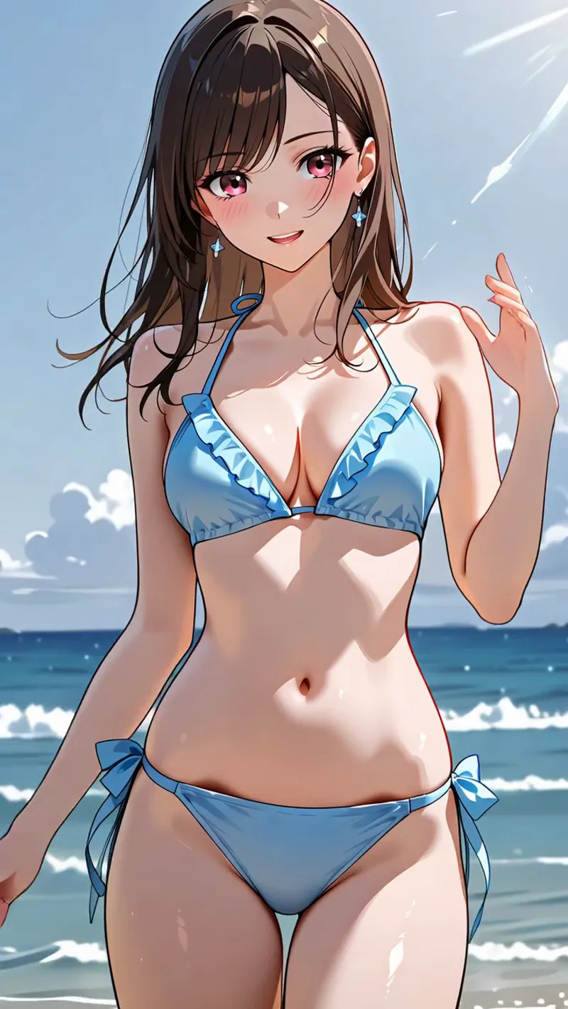 青い空と海を背景に、明るい笑顔で佇む美少女のアニメ調イラスト。濃いブラウンのロングヘアと優しい表情が印象的で、青系の清涼感溢れるビーチウェアが爽やかな雰囲気を演出しています。