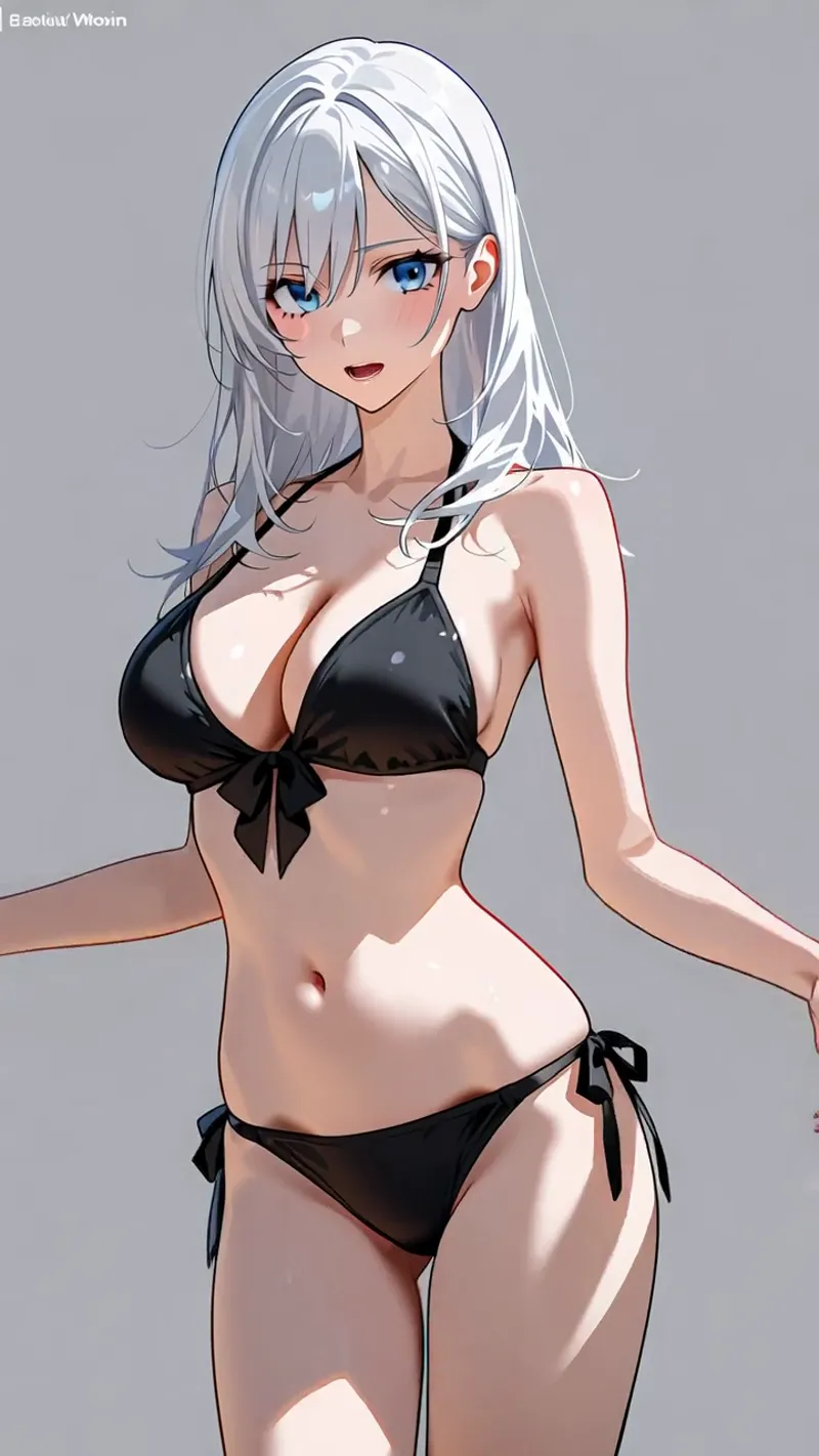 青い瞳が印象的な白髪の美少女が、黒いビキニ姿で微笑む。柔らかいニュアンスの肌色と、流れるような髪の毛の表現が優雅なアニメ調イラスト。グレーの背景に浮かぶ清潔感のある構図です。