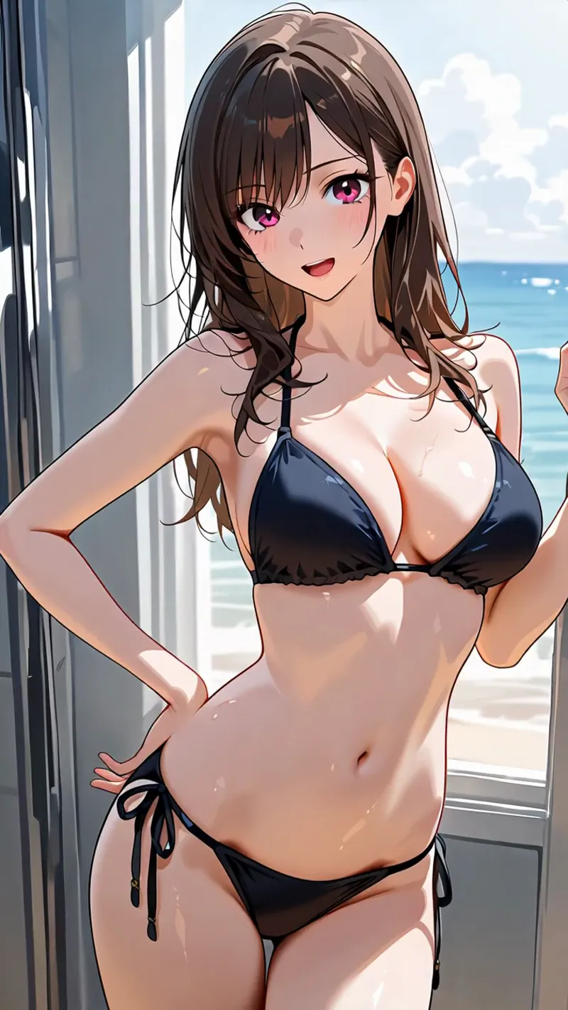 紫紅色の瞳が輝く美少女が、海を見渡す高層階の窓辺に立っています。黒いビキニを身に纏い、爽やかな笑顔を浮かべた姿が印象的です。背景には広がる青い海と白い雲、都会的な高層建築が映り込み、夏のリゾートシーンを演出しています。