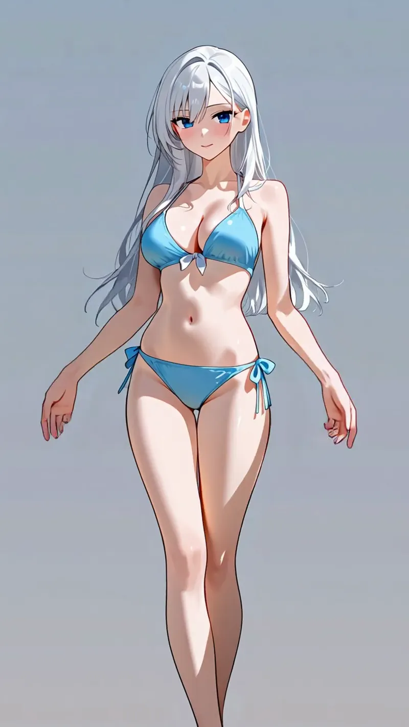 長く流れる銀髪と澄んだ青い瞳が印象的な美少女のアニメ調イラストです。青いビキニ姿で落ち着いた灰色背景に立つ姿は、洗練された色彩感覚とデジタルアートの高い描写力が光ります。
