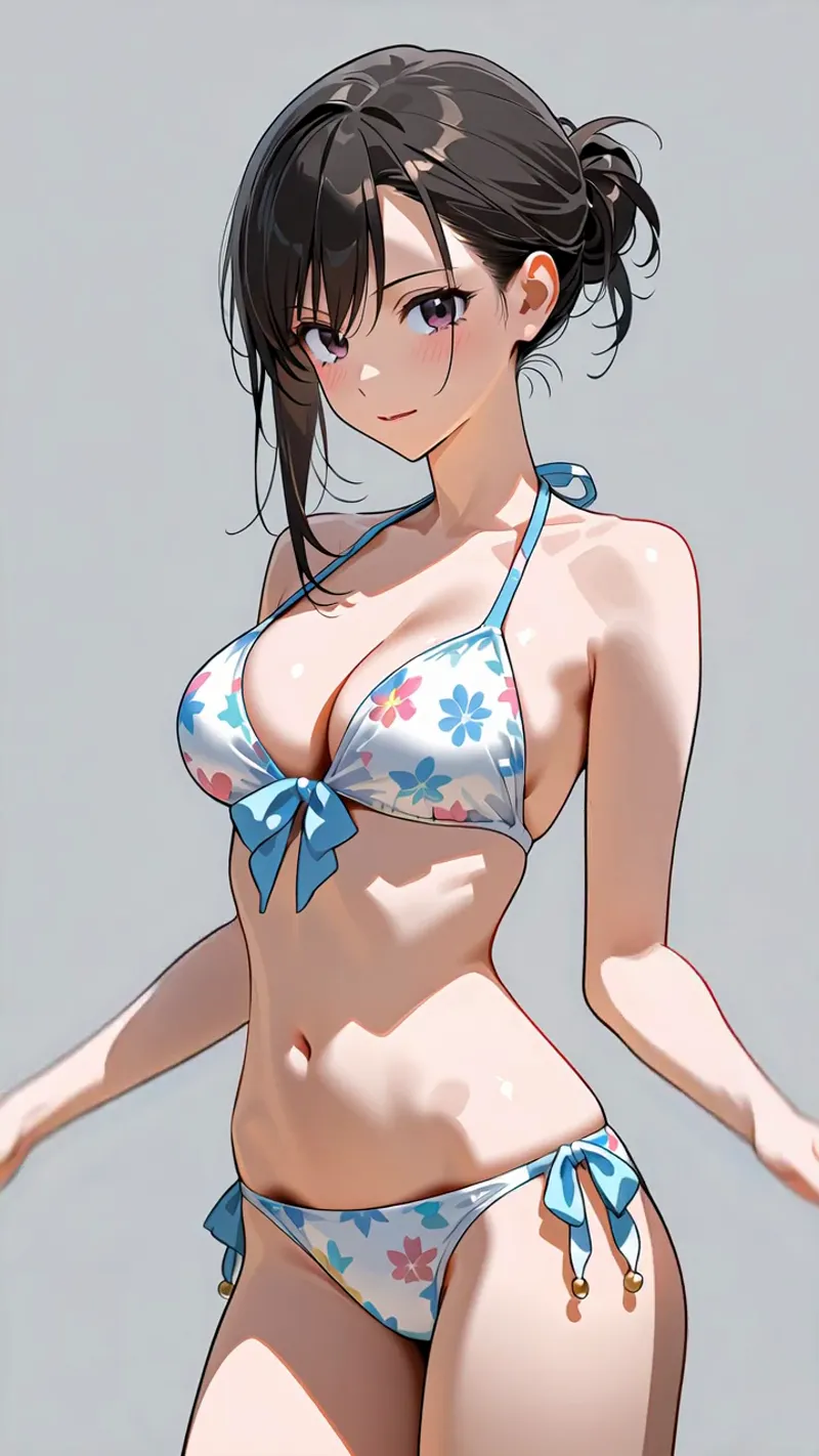 黒い髪を後ろでまとめた美少女のポートレート。青と赤の花柄が施されたビキニを身に纏い、爽やかな表情で正面を向いています。グレーの背景に映える、アニメ調のデジタルイラストです。