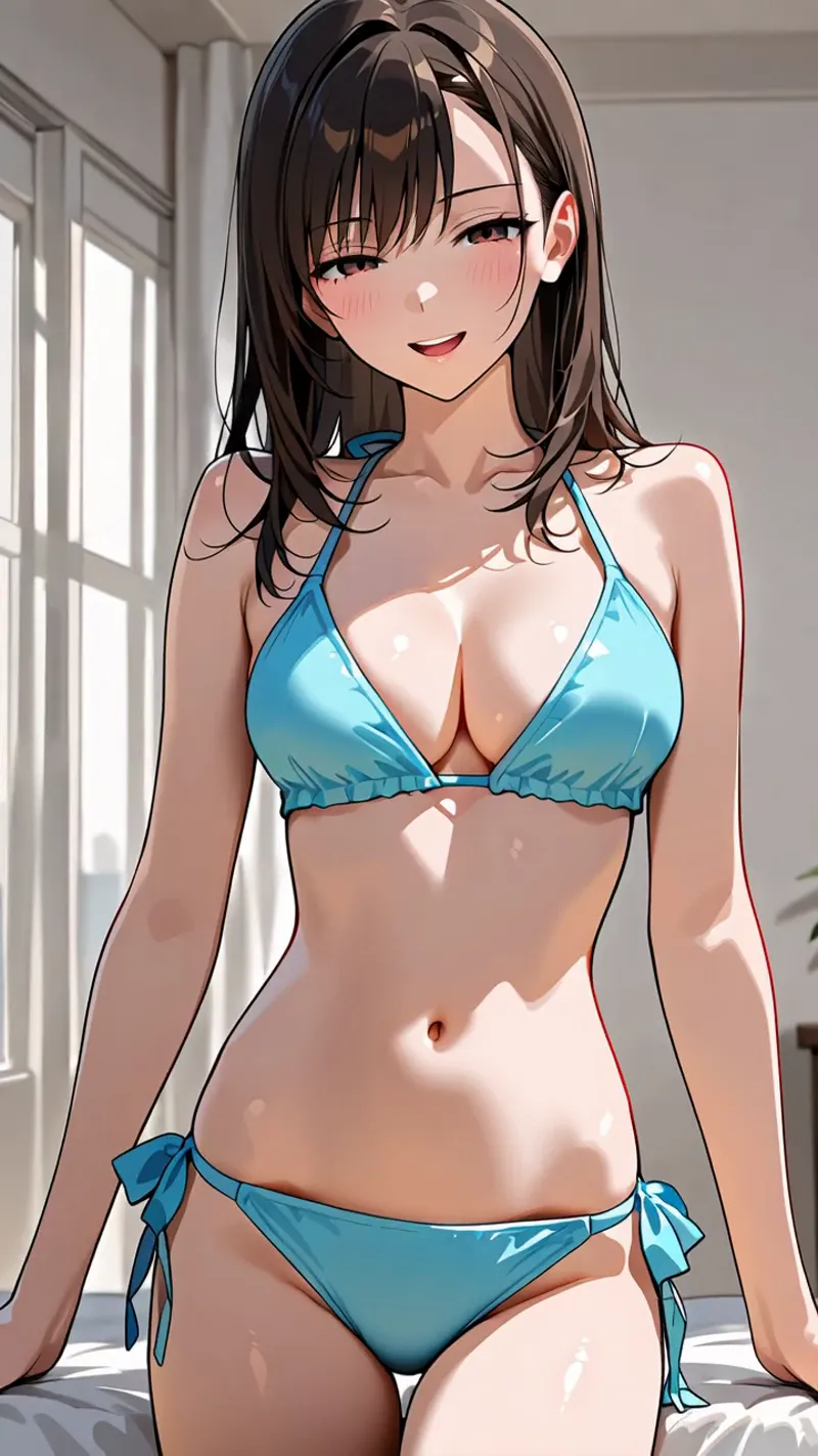 日差しの差し込む室内で、青いビキニを身につけた黒髪の美少女がポートレート風に微笑みかけます。柔らかな光が肌を照らし、爽やかで明るい雰囲気のアニメ調イラストです。
