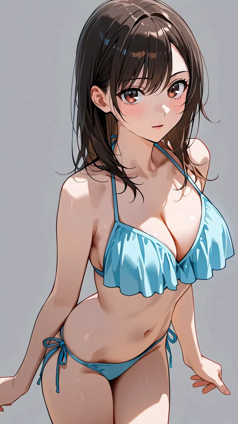 透明感のある肌と優しい表情が印象的な、アニメ調の美少女イラスト。青い装飾のビキニを身につけ、グレーの背景に優雅に佇む姿を捉えた高品質なポートレート作品です。