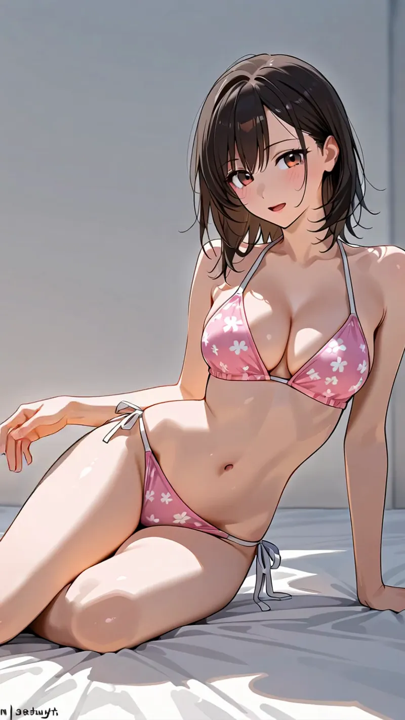 黒髪のショートヘアに赤い瞳が特徴的な美少女が、白い花模様の紫ピンク色ビキニを着用した夏のポートレート。爽やかな明るさと優雅な仕草が印象的なアニメ調イラストです。