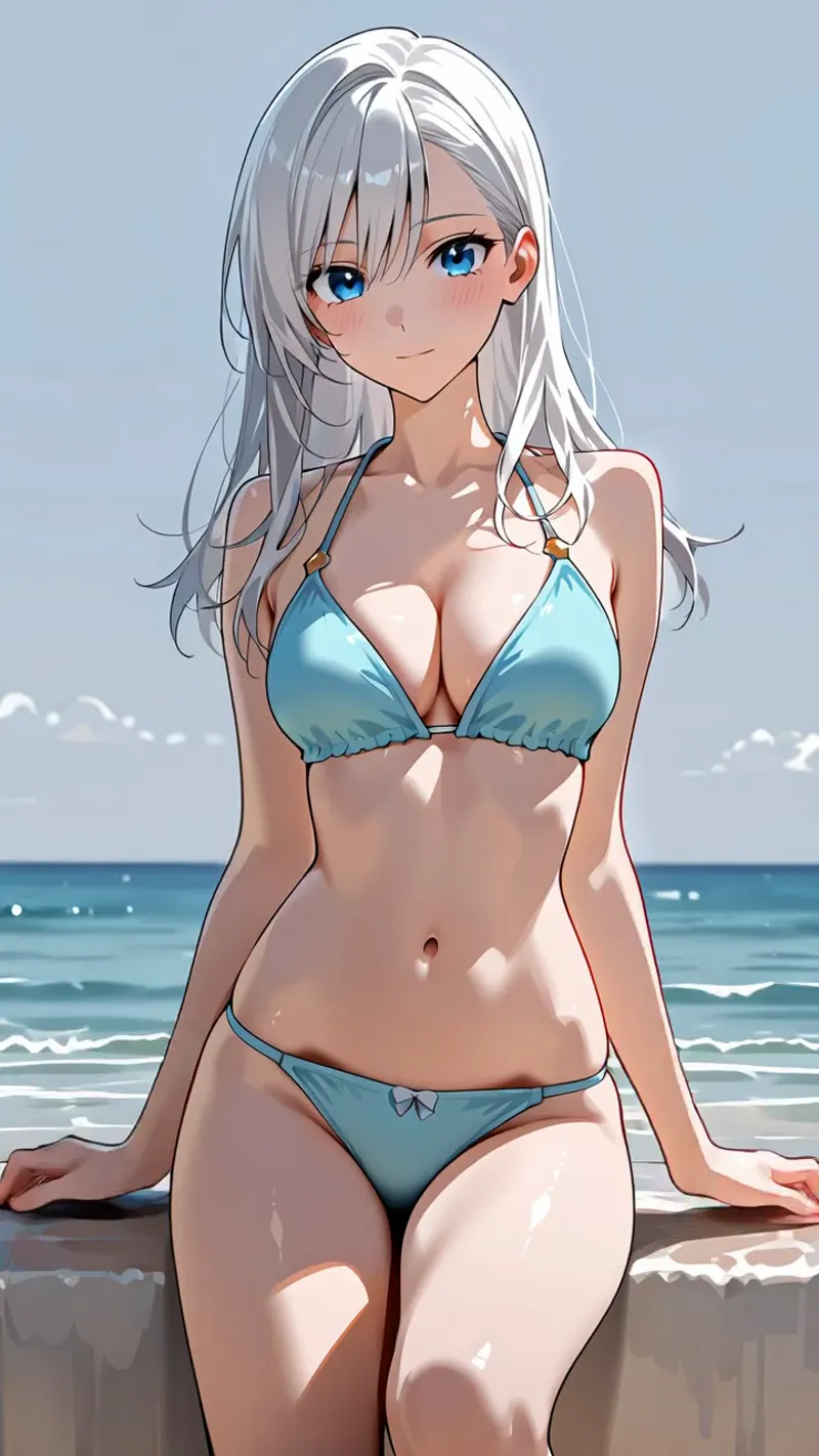 透き通るような青い瞳と白銀の長髪が印象的な美少女が、波打つ海辺でくつろぐ姿を描いたアニメ調イラスト。光と影の表現が美しく、夏の海での優雅なひと時を切り取った作品です。