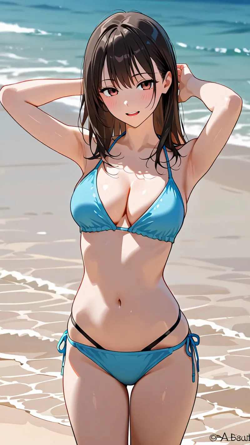 波打つ海を背景に、青いビキニを身に纏った黒髪の美少女が柔らかな笑顔でポーズを決めるアニメ調イラスト。砂浜の波しぶきが光る中、涼やかで爽やかな夏の雰囲気が漂う一枚です。