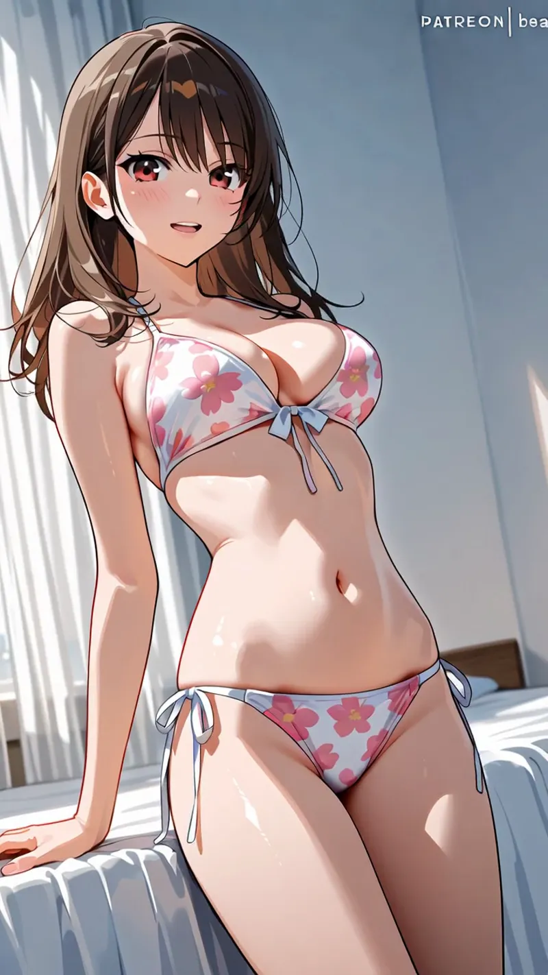 ピンクの花柄ビキニを身につけた長髪の美少女が、陽光が差し込む室内でほほ笑む。赤い瞳と柔らかな表情、白を基調とした背景で爽やかに描かれたアニメ調イラストです。